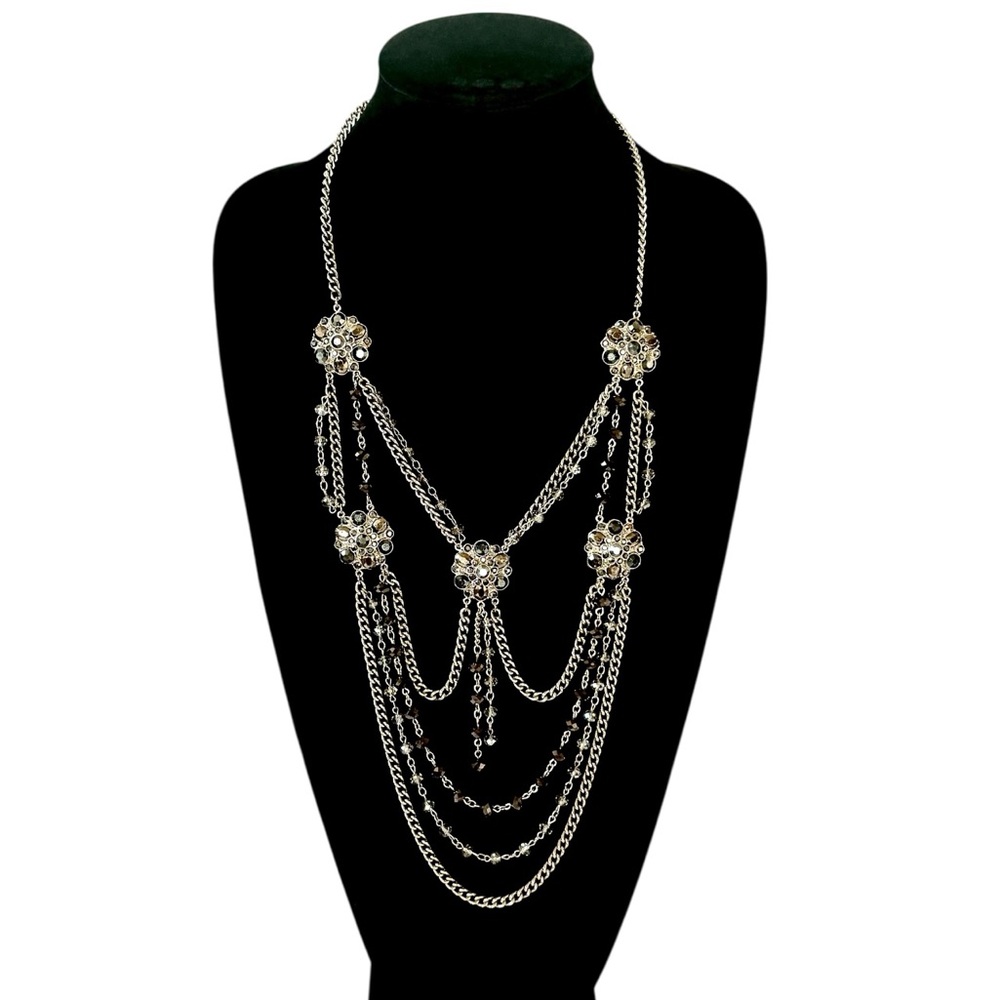 Silver Tone Multi Strand Crystal Chain Statement Necklace